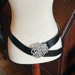 Vintage Rhinestone Rose Black Leather Belt